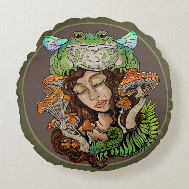 Cottagecore Fairy Frog Rund Kudde (Framsidan)