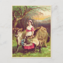 Cottagecore Farmer Woman med Cows Watercolor Vykort