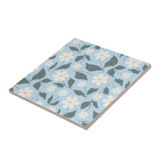 Cottagecore Himmelblå & Vit Tusenskönas Blommotiv Kakelplatta
