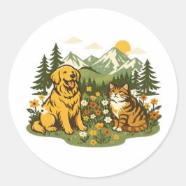 Cottagecore Hund och Katt Bästa Vänner Vildblomma Runt Klistermärke