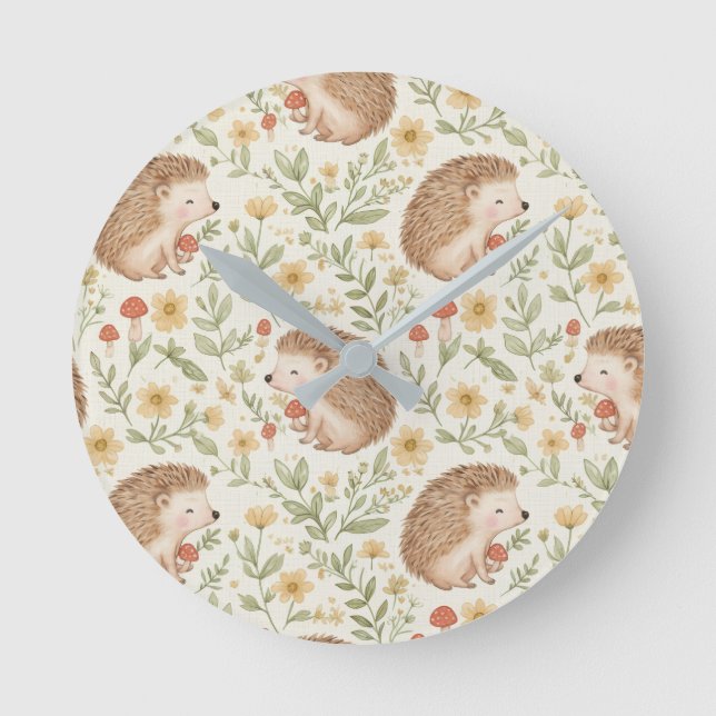 Cottagecore Igelkott Rund Klocka (Framsida)