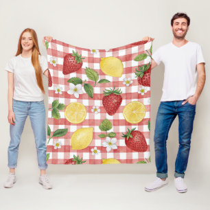 Cottagecore Jordgubbar & Citron på Rött Rutigt Tyg Fleecefilt