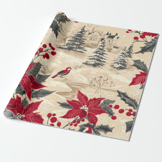 Cottagecore Jul Herrgård Röd Poinsettia Kräm Presentpapper