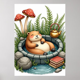 Cottagecore Kapybara Varmkälla Svamp Läsning N Poster
