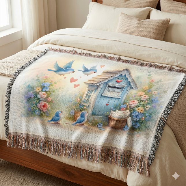Cottagecore Kärleksbrev Blåfågel Postlåda Filt (Cottagecore Love Letters Bluebird Mailbox Throw Blanket)