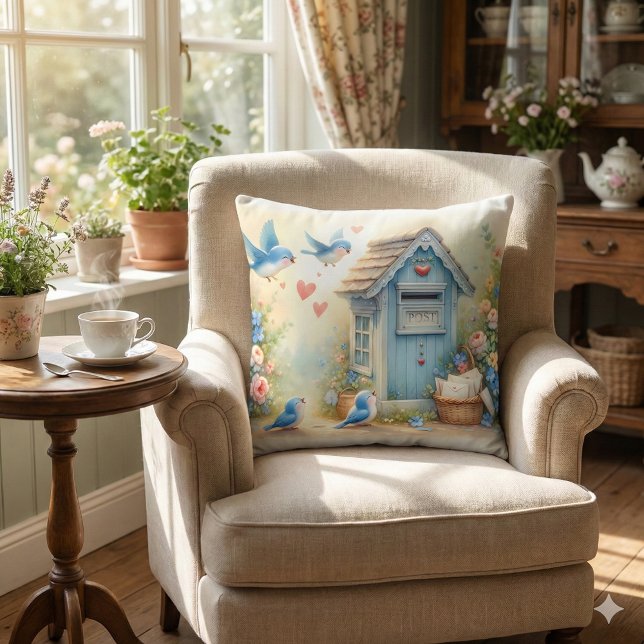 Cottagecore Kärleksbrev Blåfågel Postlåda Kudde (Cottagecore Love Letters Bluebird Mailbox Throw Pillow Mockup A)