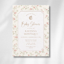 Cottagecore Sage Blush Blommor Guld Babyfirande Inbjudningar