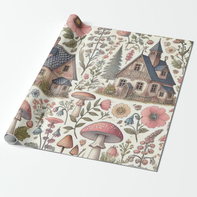 Cottagecore Svamp- och blommönster Presentpapper (Utrullad)