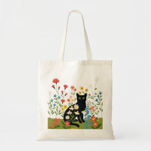 Cottagecore Svart Katt Vildblomma Canvas Tygkasse