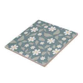 Cottagecore Teal, Sage & Vit Daisy Blommig Kakelplatta