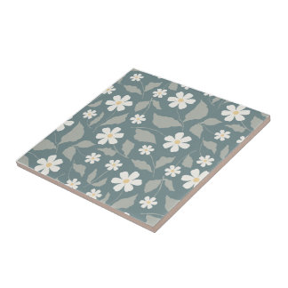 Cottagecore Teal, Sage & Vit Daisy Blommig Kakelplatta