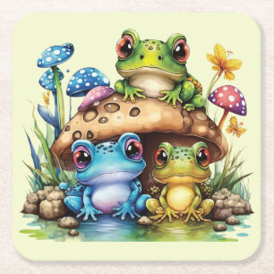 Cottagecore Toadstool Mushroom och Frog Underlägg Papper Kvadrat