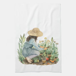 Cottagecore Watercolor Garden Girl Towel Kökshandduk