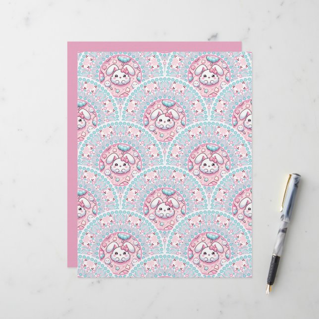 Cotton Candy Kawaii Bunny Mandala Art Deco Papper (Fram/Back In Situ)