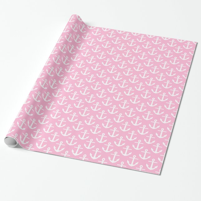 Cotton Candy Rosa White Nautical Anchors Mönster Presentpapper (Utrullad)