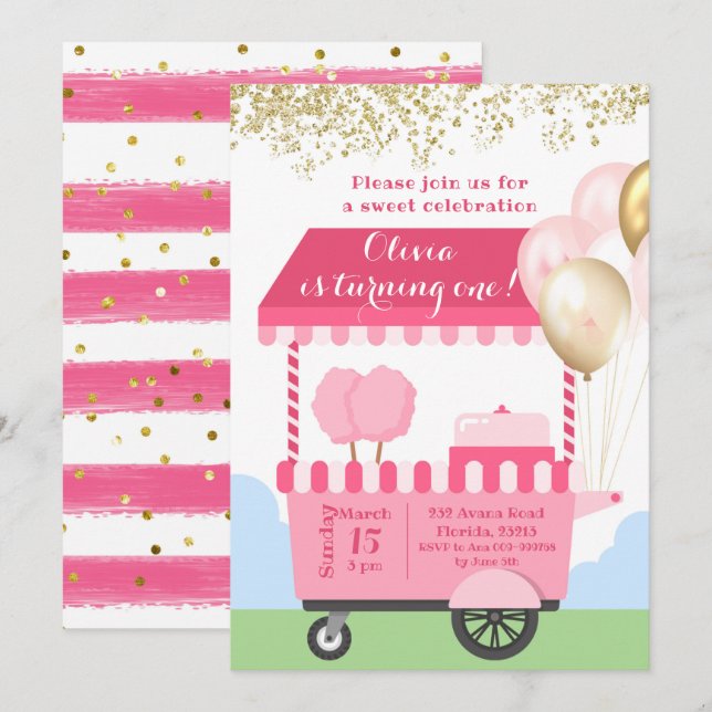 Cotton Candy Sweet Firande Birthday Inbjudningar (Fram/baksida)