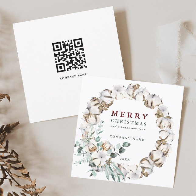 Cotton Flower Wreath Holiday Card with QR Code Julkort (Front & Back)