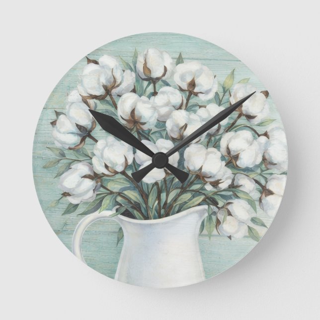 Cotton Flowers Farmhouse Rustic Wall Clock Rund Klocka (Framsida)