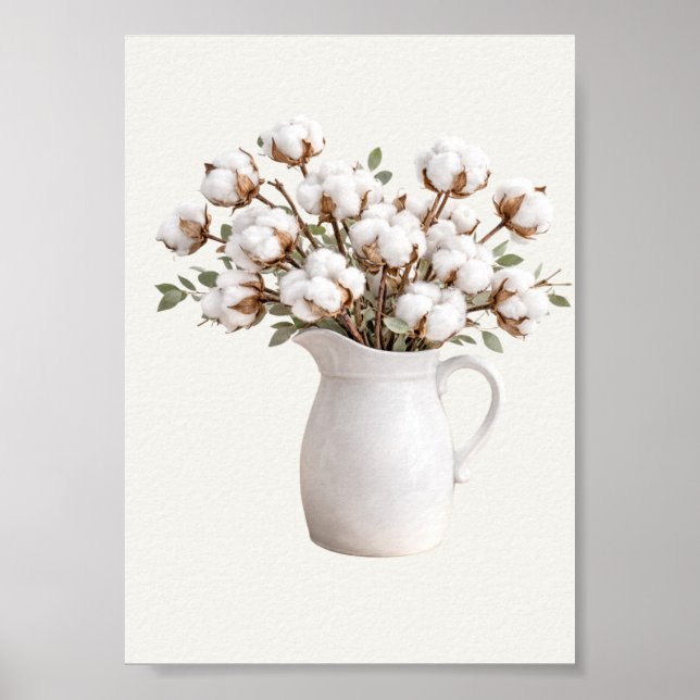 Cotton Flowers in White Pitcher Botanical Farmhous Poster (Framsidan)