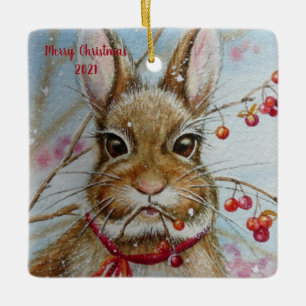 Cottontail Bunny Rabbit BitterSöt Watercolor Art Julgransprydnad Keramik