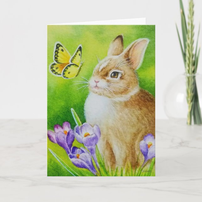 Cottontail Rabbit Butterfly Crocus Watercolor Art Kort (Framsida)