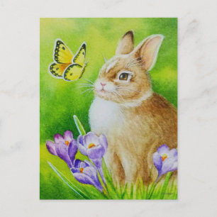 Cottontail Rabbit Butterfly Crocus Watercolor Art Vykort