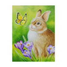 Cottontail Rabbit Butterfly Crocus Watercolor Art
