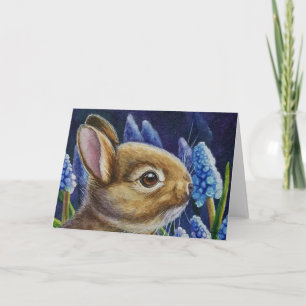 Cottontail Rabbit & Graph Hyacinth Watercolor Art Kort