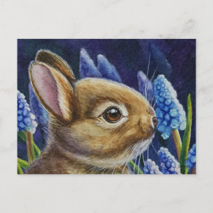 Cottontail Rabbit & Graph Hyacinth Watercolor Art Vykort