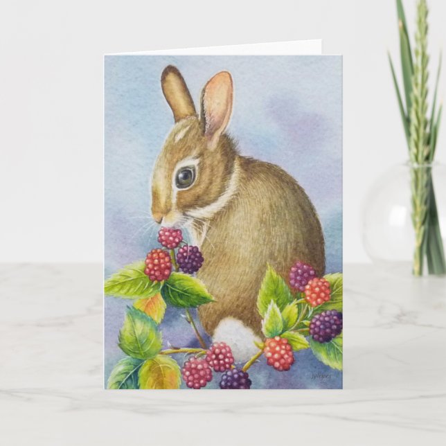 Cottontail Rabbit och Blackberries Watercolor Art Kort (Framsida)