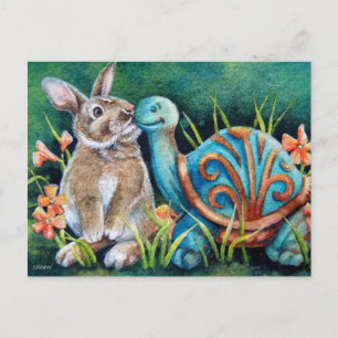 Cottontail Rabbit & Turtle Statue Watercolor Art Vykort