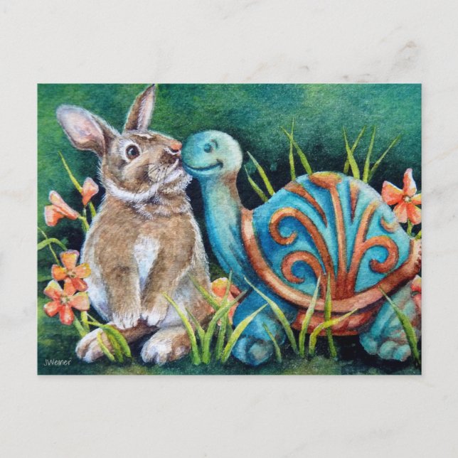 Cottontail Rabbit & Turtle Statue Watercolor Art Vykort (Framsida)