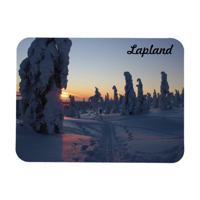 Couché de soleil sur la forêt enneigée en Laponie Magnet (Horisontell)