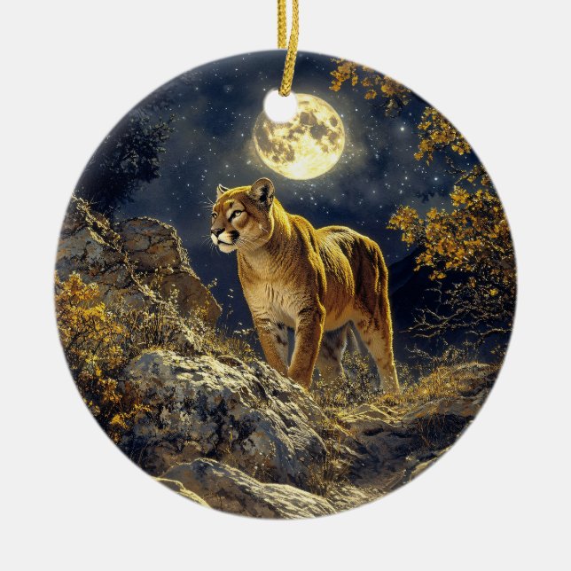 Cougar i Moonlight Wildlife Art Julgransprydnad Keramik (Framsidan)