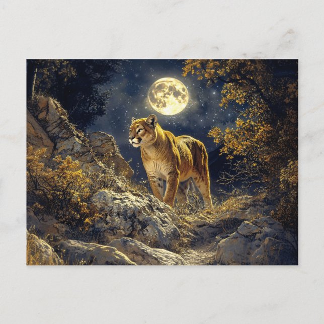 Cougar i Moonlight Wildlife Art Vykort (Framsida)