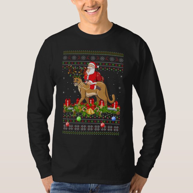 Cougar   Ugly Santa Riding Cougar Christmas T Shirt (Framsida)