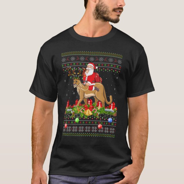 Cougar   Ugly Santa Riding Cougar Christmas T Shirt (Framsida)
