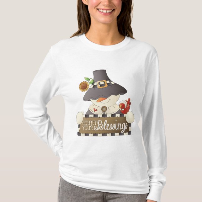 Count Your Blessings Snowman Pilgrim T Shirt (Framsida)