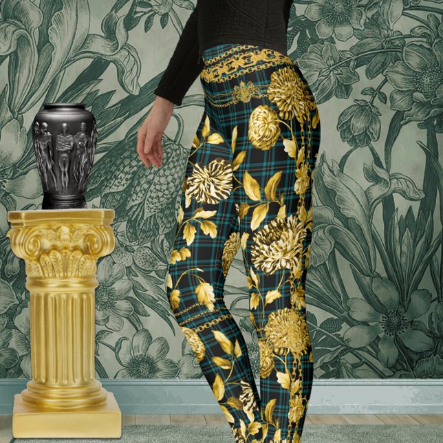 Countess Black Teal Grönt Play Guld Blommigt Leggings (Skapare uppladdad)