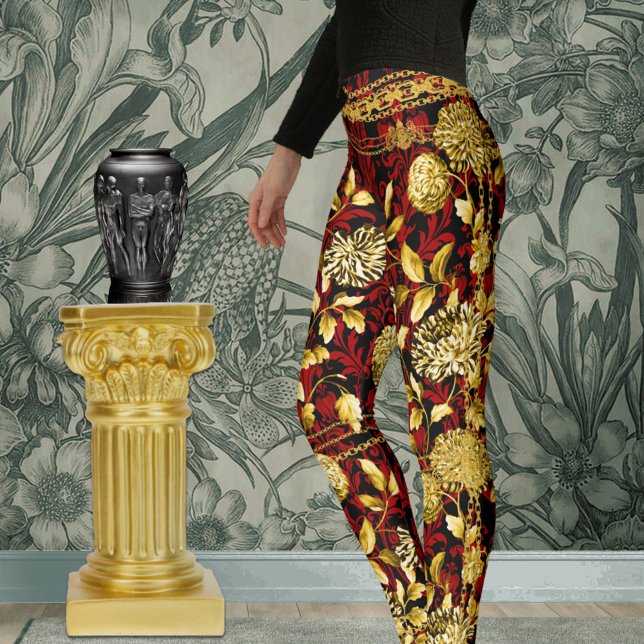 Countess Guld Blommigt chain Red Black Damask Leggings (Skapare uppladdad)