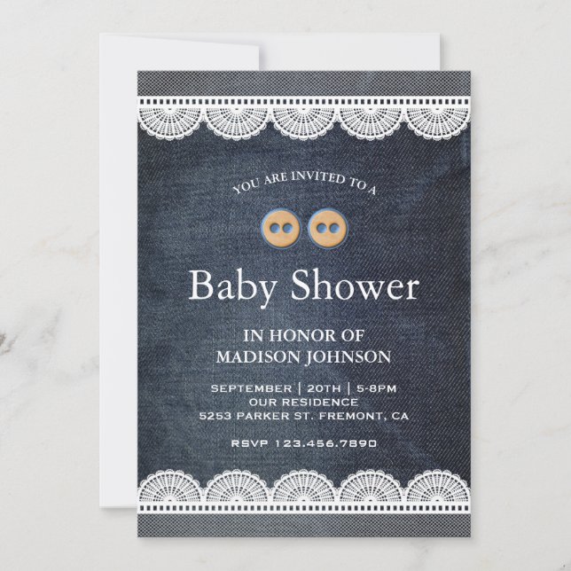 Country Blue Denim Vit Spets Baby Shower Inbjudningar (Framsida)