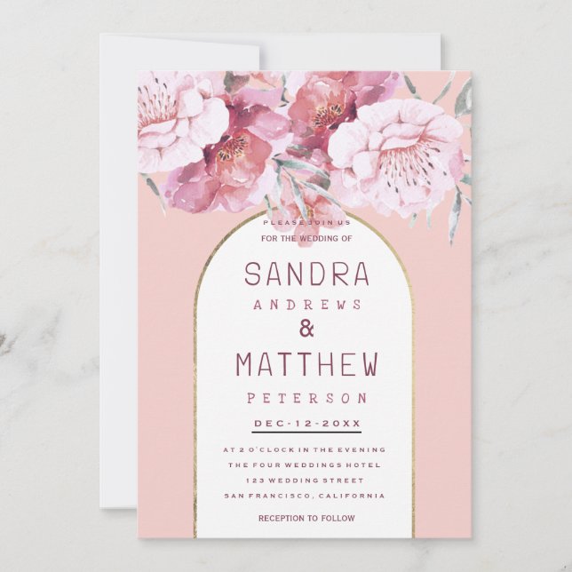 Country chic mint pastel pink gold floral wedding  inbjudningar (Framsida)