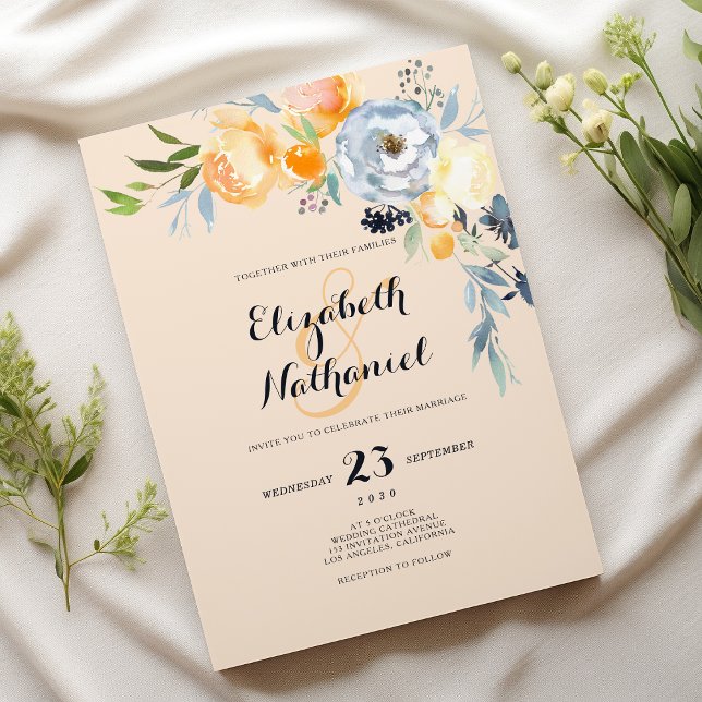 Country chic orange blue ivory floral wedding inbjudningar (Country chic orange blue ivory floral wedding)