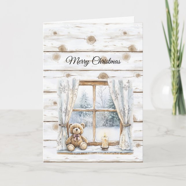 Country Christmas Trees Snow Teddy Bear Window Kort (Framsida)
