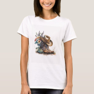 Country Cowgirl Stövlar Blomma Hatt Texas T Shirt