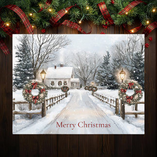 Country Farmhouse Winter Scene Merry Christmas Helg Vykort