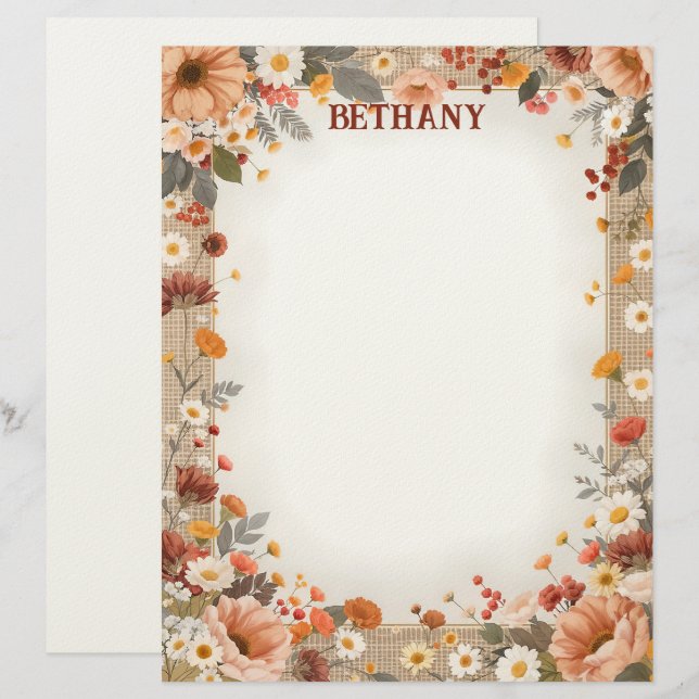 Country Flowers on Burlap Stationery Paper Brevhuvud (Fram/baksida)