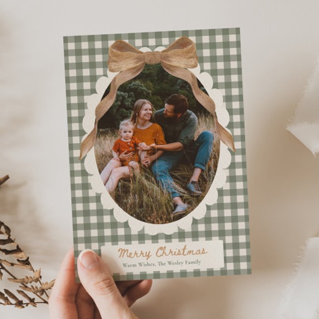 Country Gingham Bow Photo Christmas Card Julkort (Skapare uppladdad)