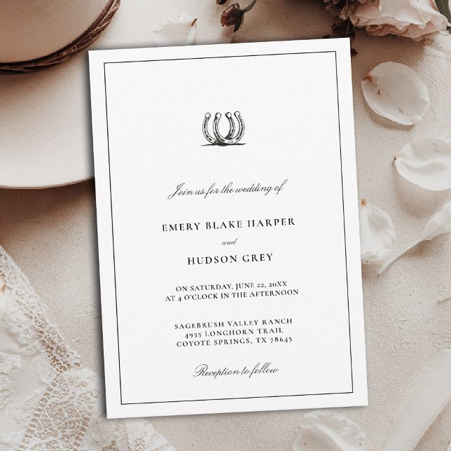 Country Horseshoe Frame Western Elegant BW Wedding Inbjudningar (western wedding invitation cowboy country horseshoes horse lovers black white art sketch elegant)