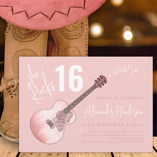 Country Music Gitarr 16-års födelsedagsfest Rosa Inbjudningar (16th birthday party pink country guitar music invitation )